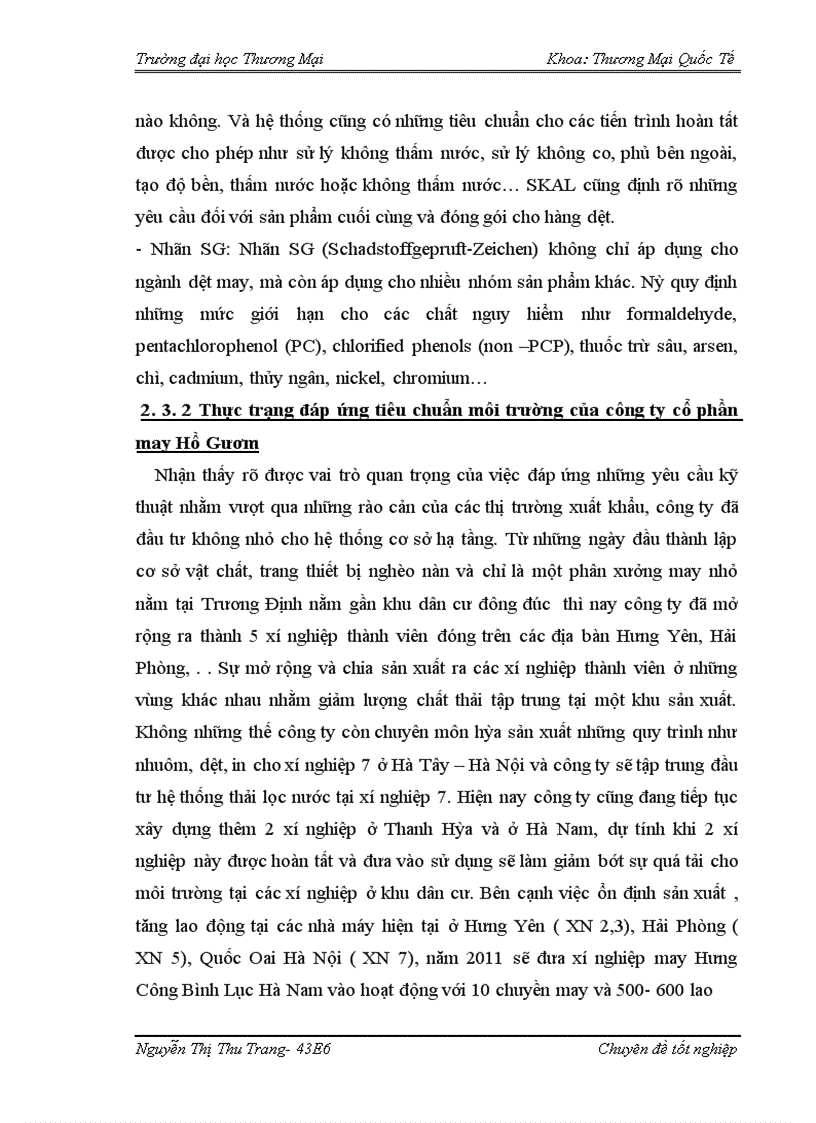 image for page Giải pháp đáp ứng tiêu chuẩn môi trường phục vụ xuất khẩu hàng dệt may của công ty cổ phần may Hồ Gươm