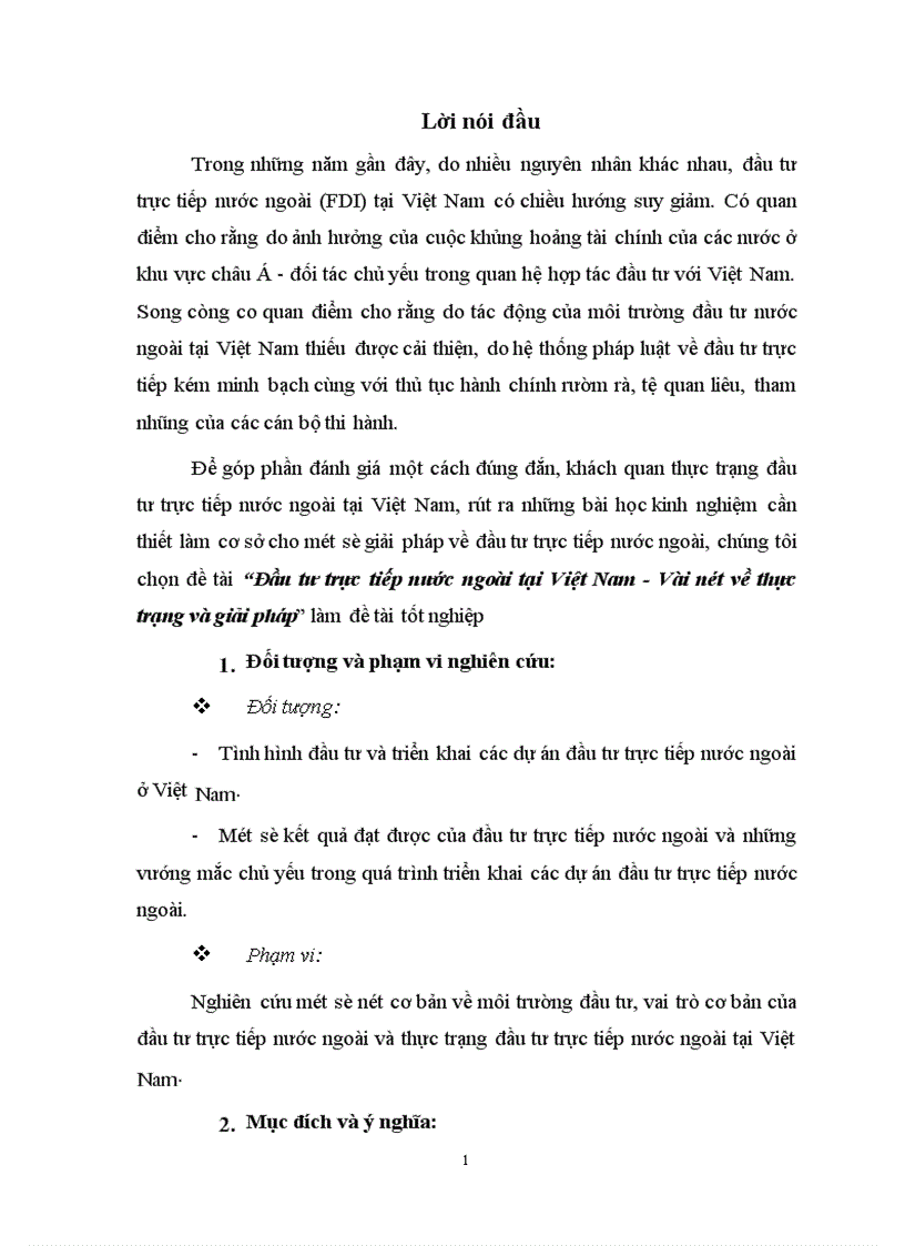 Đầu tư trực tiếp nước ngoài tại Việt Nam-Vài nét về thực trạng và giải pháp