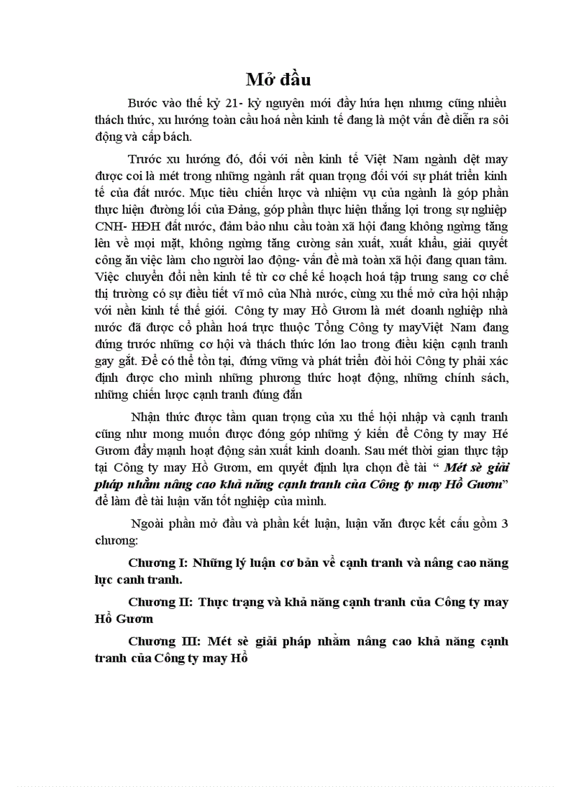 Một số giải pháp nhằm nâng cao khả năng cạnh tranh của Công ty may Hồ Gươm để làm đề tài luận văn tốt nghiệp của mình