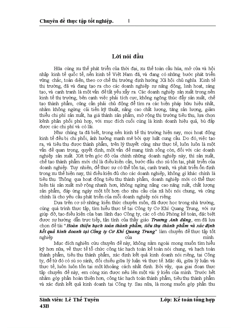 image for page Hoàn thiện hạch toán thành phẩm, tiêu thụ thành phẩm và xác định kết quả kinh doanh tại Công ty Cơ Khí Quang Trung