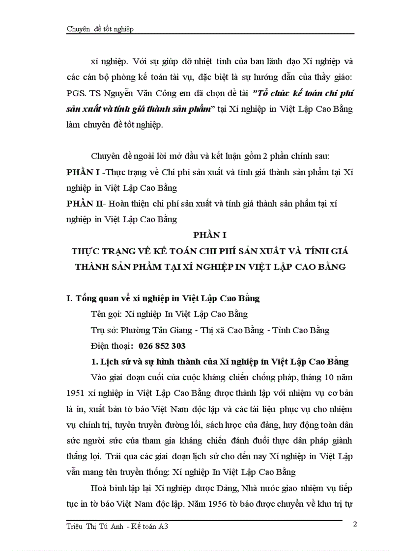 image for page Tổ chức kế toán chi phí sản xuất và tính giá thành sản phẩm tại Xí nghiệp in Việt Lập Cao Bằng