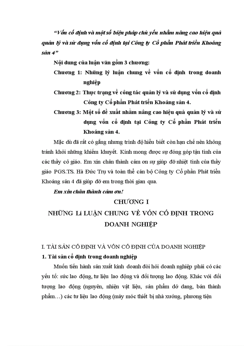 image for page Vốn cố định và một số biện pháp chủ yếu nhằm nâng cao hiệu quả quản lý và sử dụng vốn cố định tại Công ty Cổ phần Phát triển Khoáng sản 4