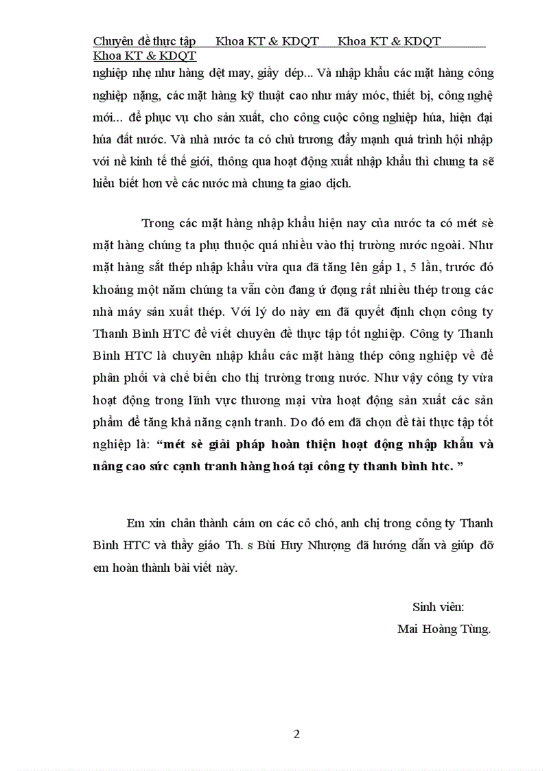 Một số giải pháp hoàn thiện hoạt động nhập khẩu và nâng cao sức cạnh tranh hàng hoá tại công ty thanh bình htc