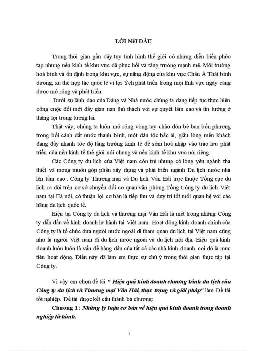 image for page Hiệu quả kinh doanh chương trình du lịch của Công ty du lịch và Thương mại Vân Hải, thực trạng và giải pháp