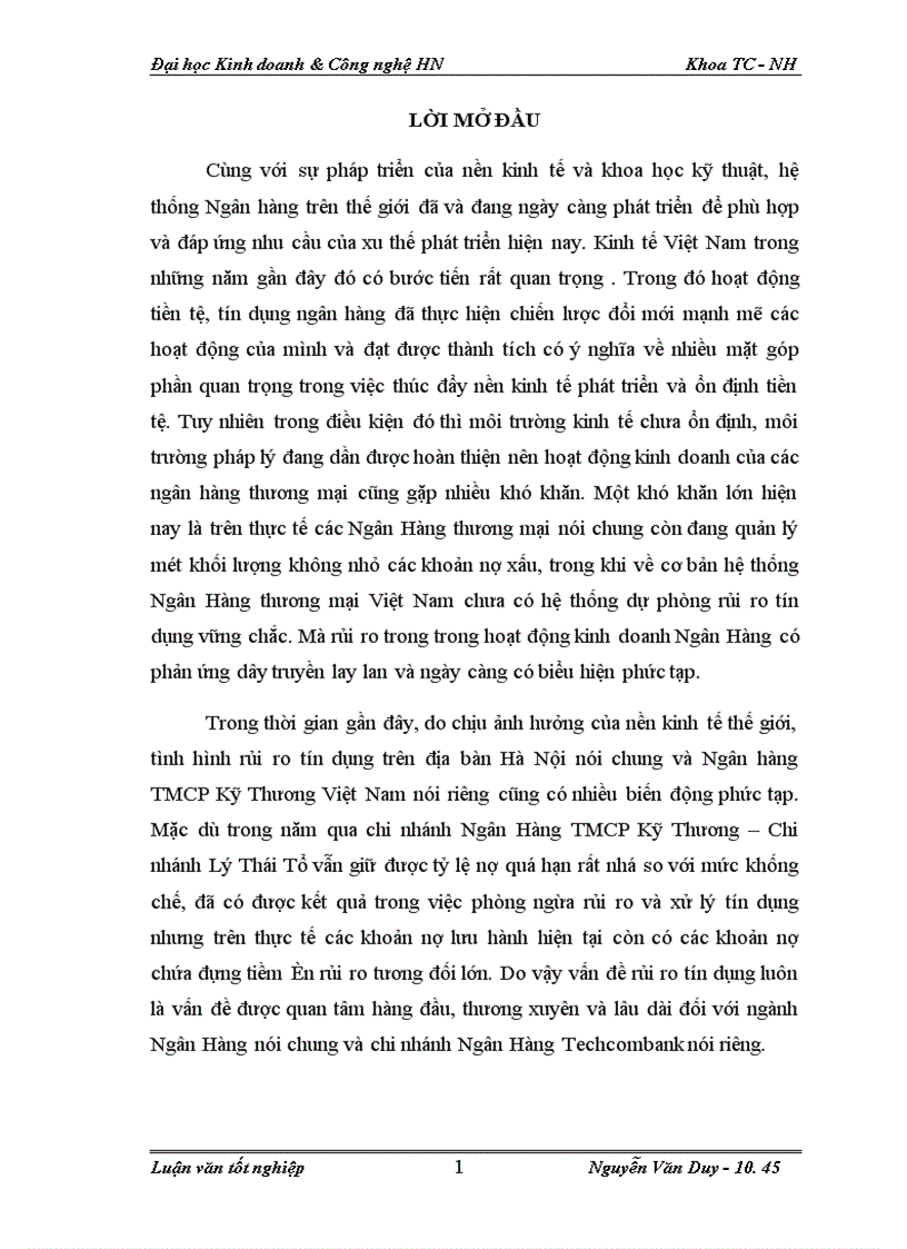 image for page Rủi ro cho vay tại Ngân Hàng TMCP Kỹ Thương ( Techcombank ) -Chi nhánh Lý Thái Tổ Hà Nội : Thực trạng và giải pháp