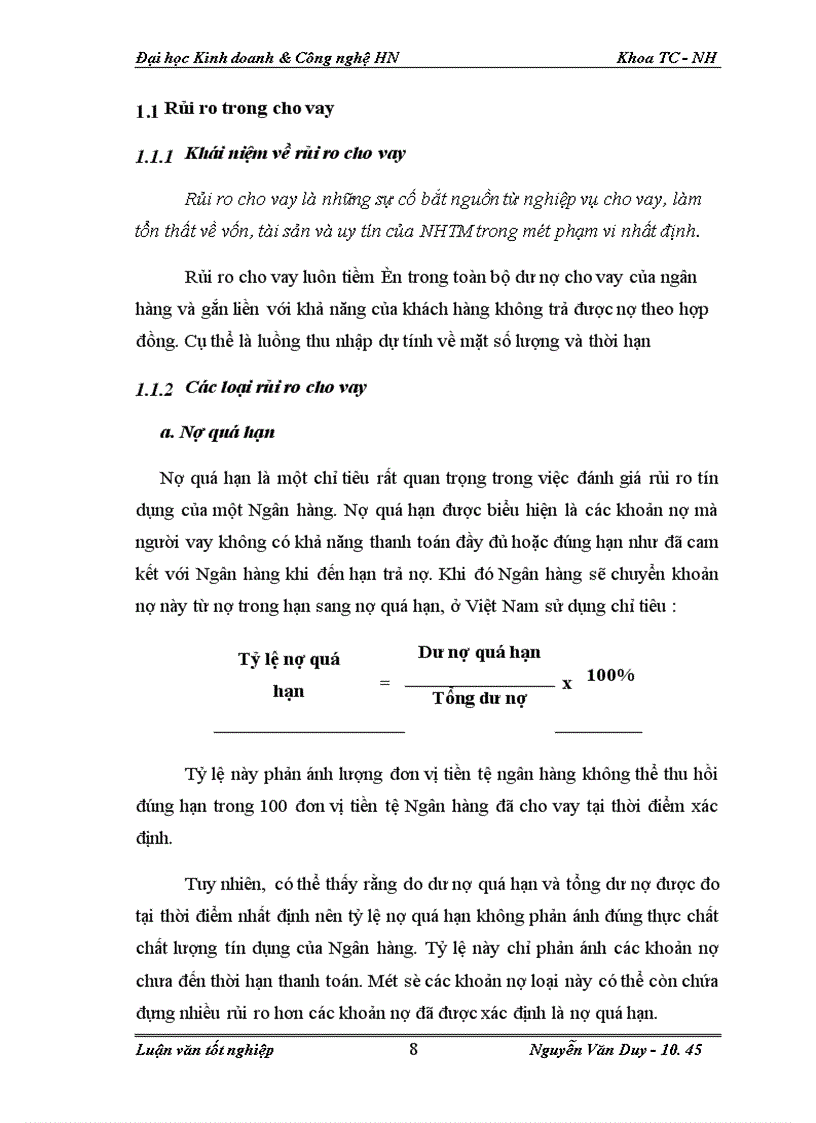 image for page Rủi ro cho vay tại Ngân Hàng TMCP Kỹ Thương ( Techcombank ) -Chi nhánh Lý Thái Tổ Hà Nội : Thực trạng và giải pháp