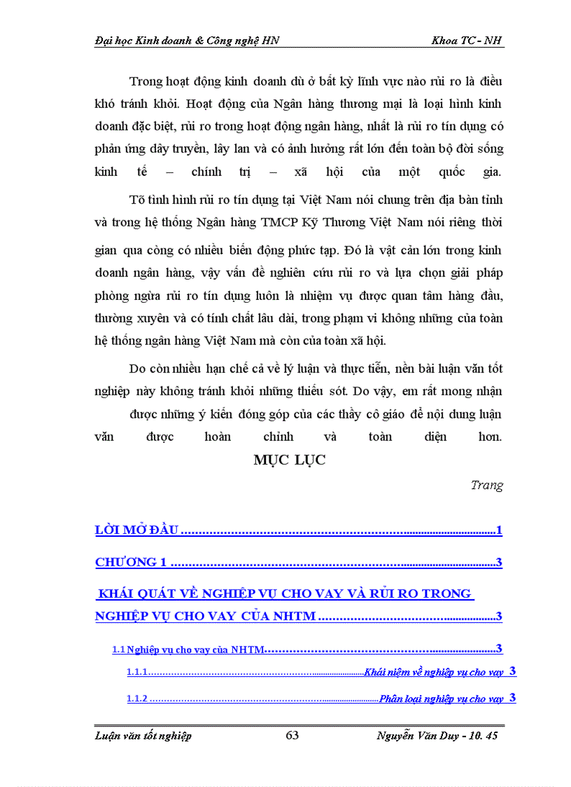 image for page Rủi ro cho vay tại Ngân Hàng TMCP Kỹ Thương ( Techcombank ) -Chi nhánh Lý Thái Tổ Hà Nội : Thực trạng và giải pháp