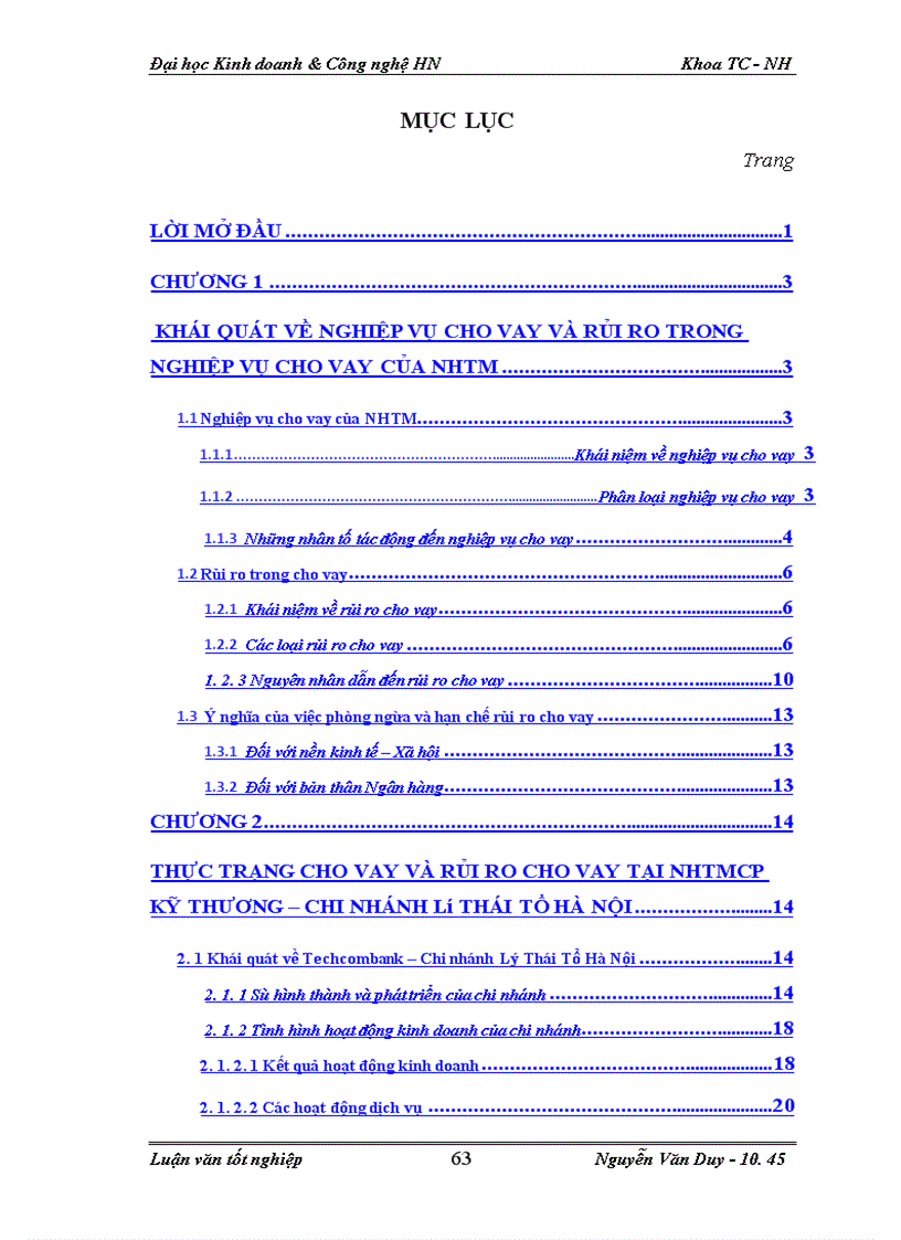 image for page Rủi ro cho vay tại Ngân Hàng TMCP Kỹ Thương ( Techcombank ) -Chi nhánh Lý Thái Tổ Hà Nội : Thực trạng và giải pháp