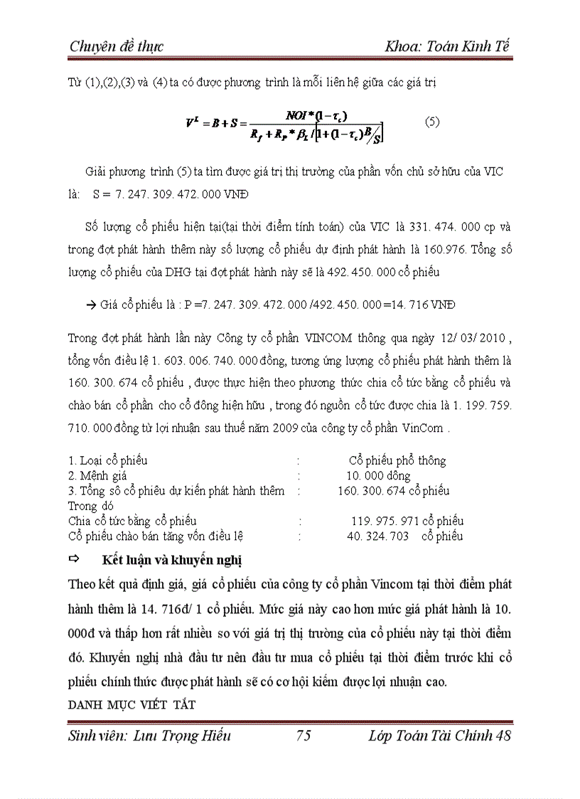 image for page Định giá công ty trên thị trường chứng khoán Việt Nam tại thời điểm phát hành thêm cổ phiếu. Áp dụng cho công ty cổ phần Vincom