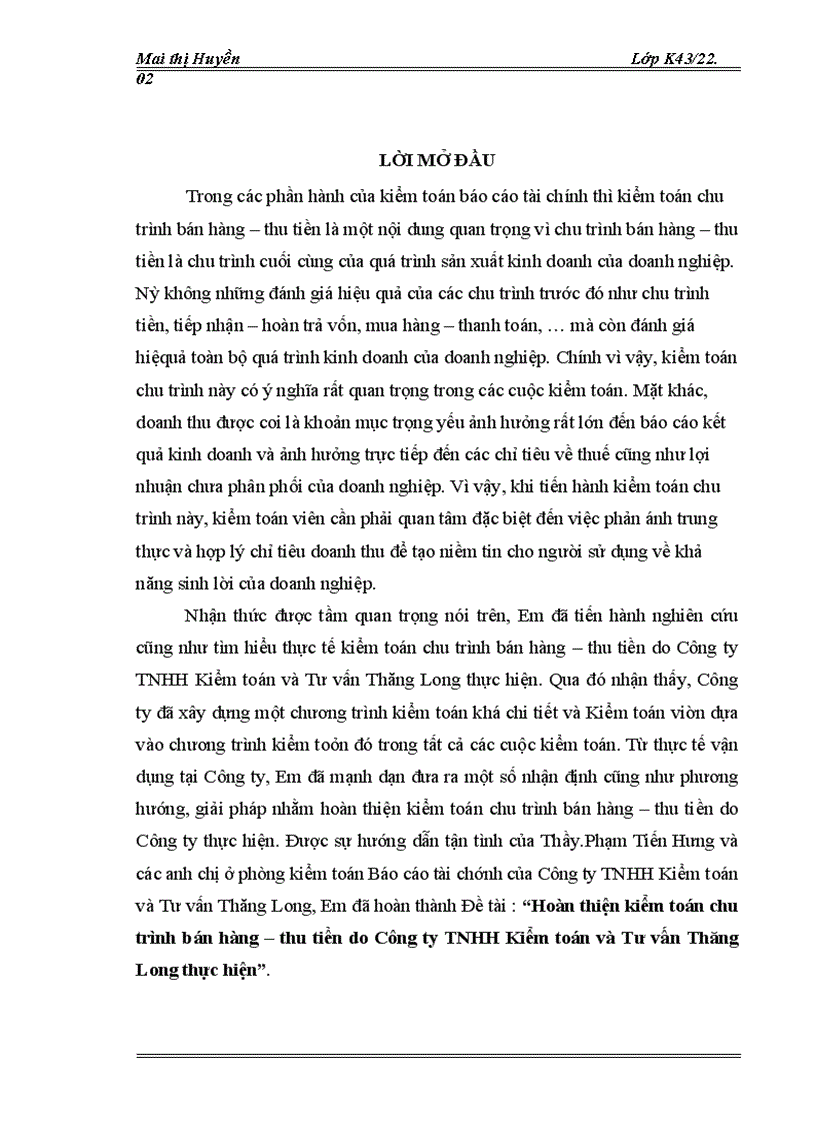 image for page Hoàn thiện kiểm toán chu trình bán hàng – thu tiền do Công ty TNHH Kiểm toán và Tư vấn Thăng Long thực hiện