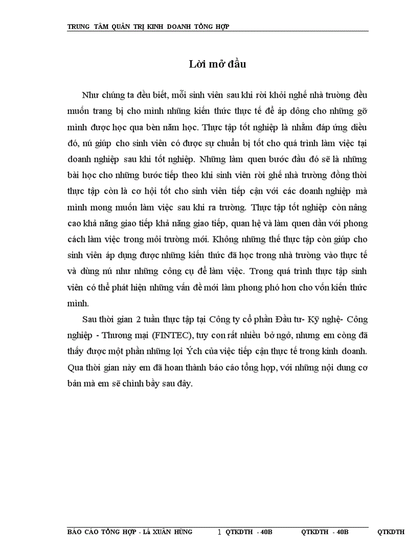 image for page Báo cáo thực tập tại Công ty cổ phần Đầu tư- Kỹ nghệ- Công nghiệp - Thương mại (FINTEC)