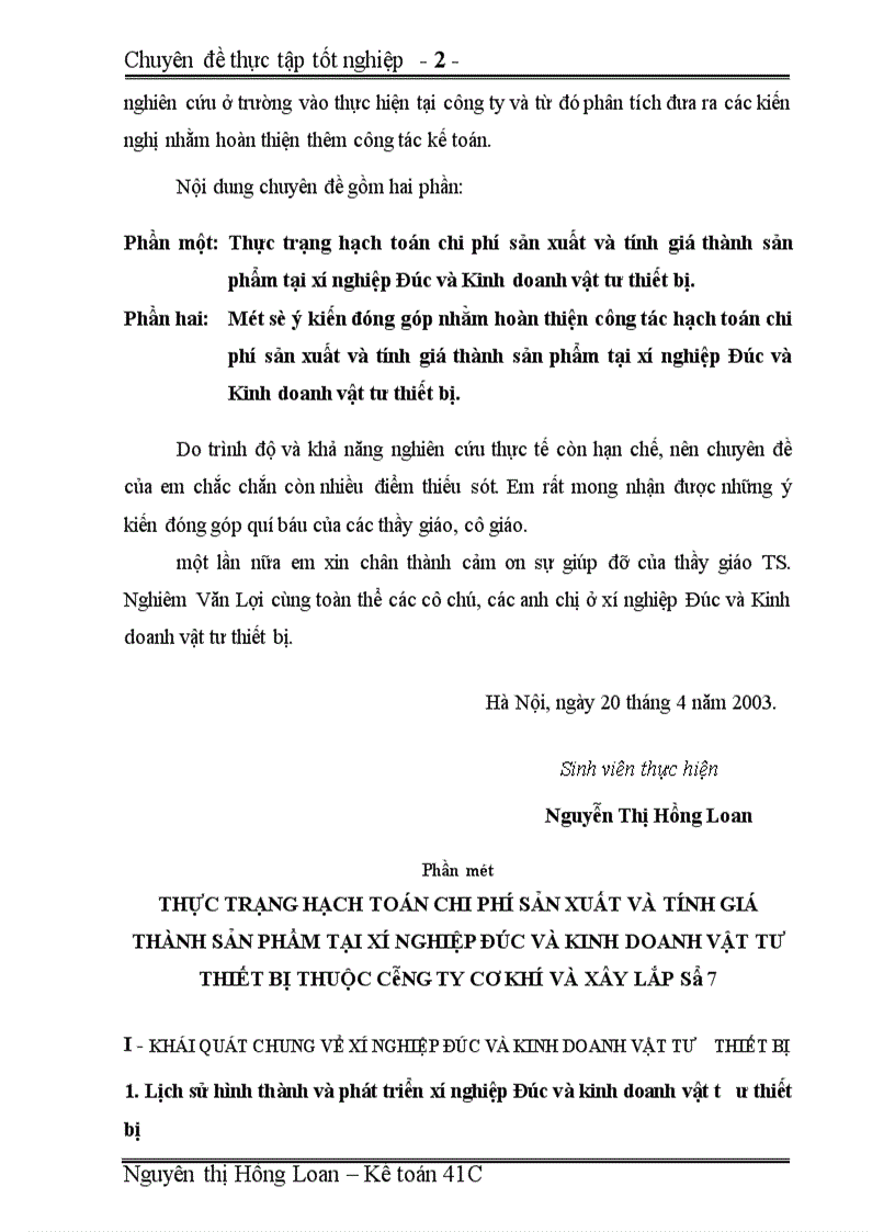 Hoàn thiện hạch toán chi phí sản xuất và tính giá thành sản phẩm nhằm nâng cao hiệu quả sản xuất kinh doanh tại xí nghiệp Đúc và kinh doanh vật tư thiết bị (thuộc công ty Cơ khí và Xây lắp số 7)
