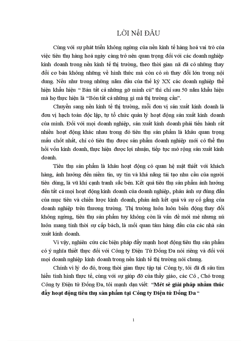 Một số giải pháp nhằm thúc đẩy hoạt động tiêu thụ sản phẩm tại Công ty Điện tử Đống Đa