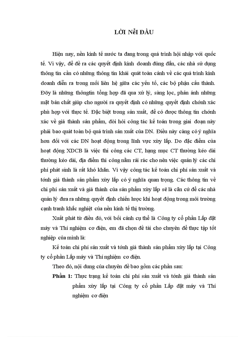image for page Thực trạng kế toán chi phí sản xuất và tính giá thành sản phẩm xây lắp tại công ty cổ phẩn lắp máy và thí nghiệm cơ điện