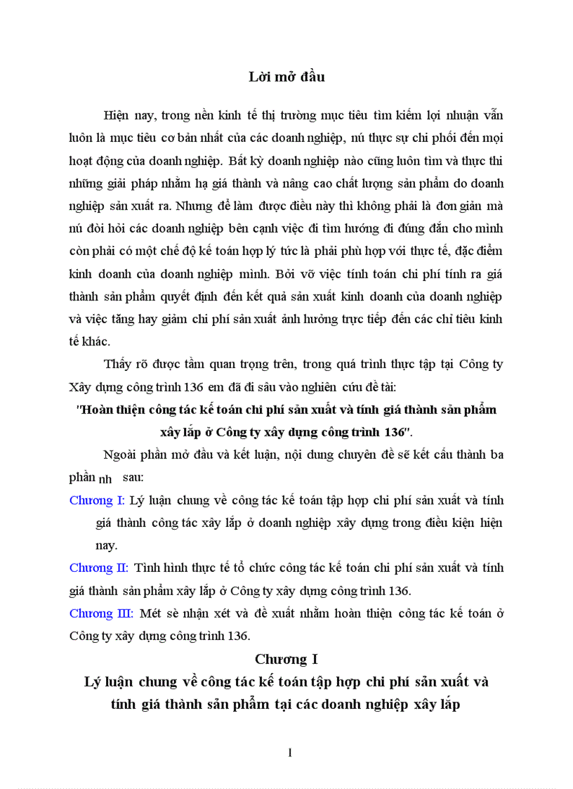 image for page Hoàn thiện công tác kế toán chi phí sản xuất và tính giá thành sản phẩm xây lắp ở Công ty xây dựng công trình 136