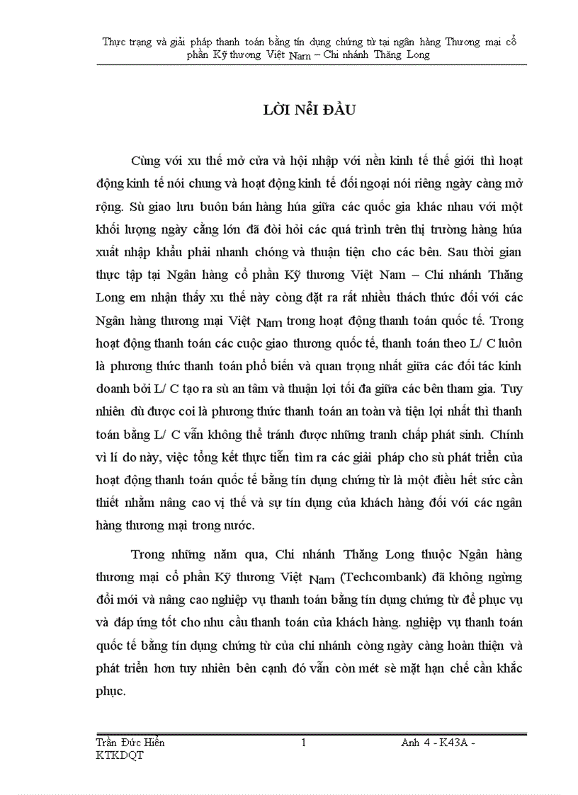 Thực trạng và giải pháp đẩy mạnh hoạt động thanh toán bằng tín dụng chứng từ tại Ngân hàng thương mại cổ phần Kỹ thương Việt Nam – Chi nhánh Thăng Long