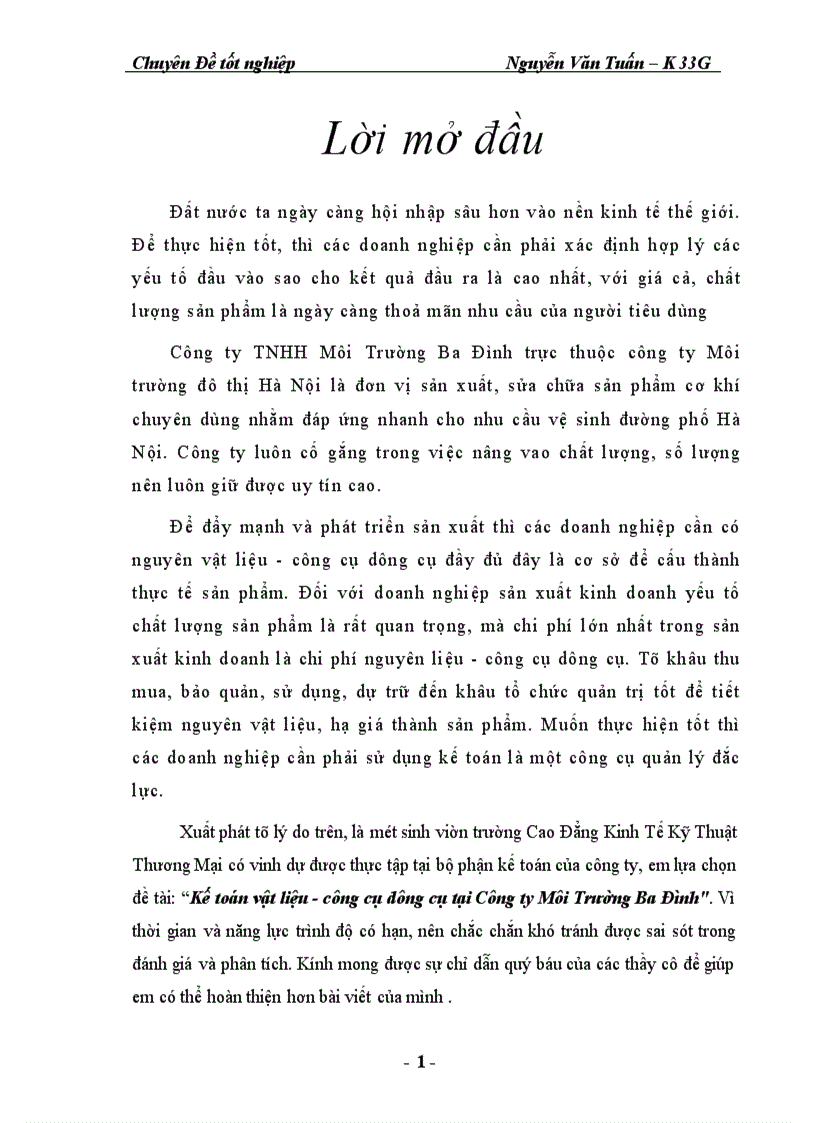 image for page Kế toán vật liệu - công cụ dụng cụ tại Công ty Môi Trường Ba Đình