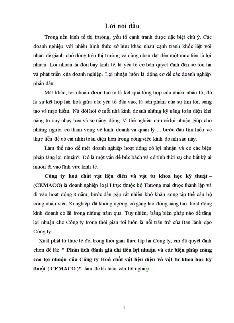 image for page Phân tích đánh giá chỉ tiêu lợi nhuận và các biện pháp nâng cao lợi nhuận của Công ty Hoá chất vật liệu điện và vật tư khoa học kỹ thuật ( CEMACO )