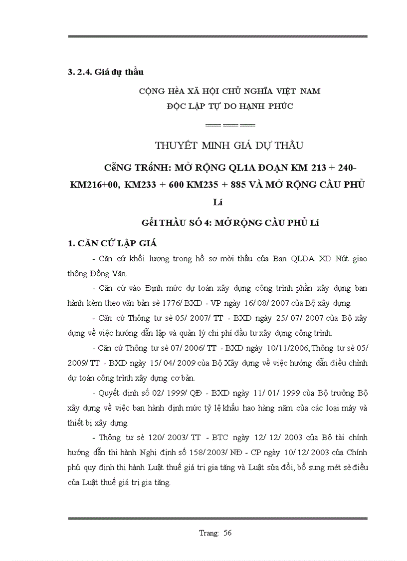 image for page Lập hồ sơ dự thầu công trình mở rộng ql1a đoạn km 213+240 – km 216+00, km 233+600 – km 235+885,2 và mở rộng cầu phủ lý gói thầu số 4: xây lắp hạng mục mở rộng câu phủ lỷ