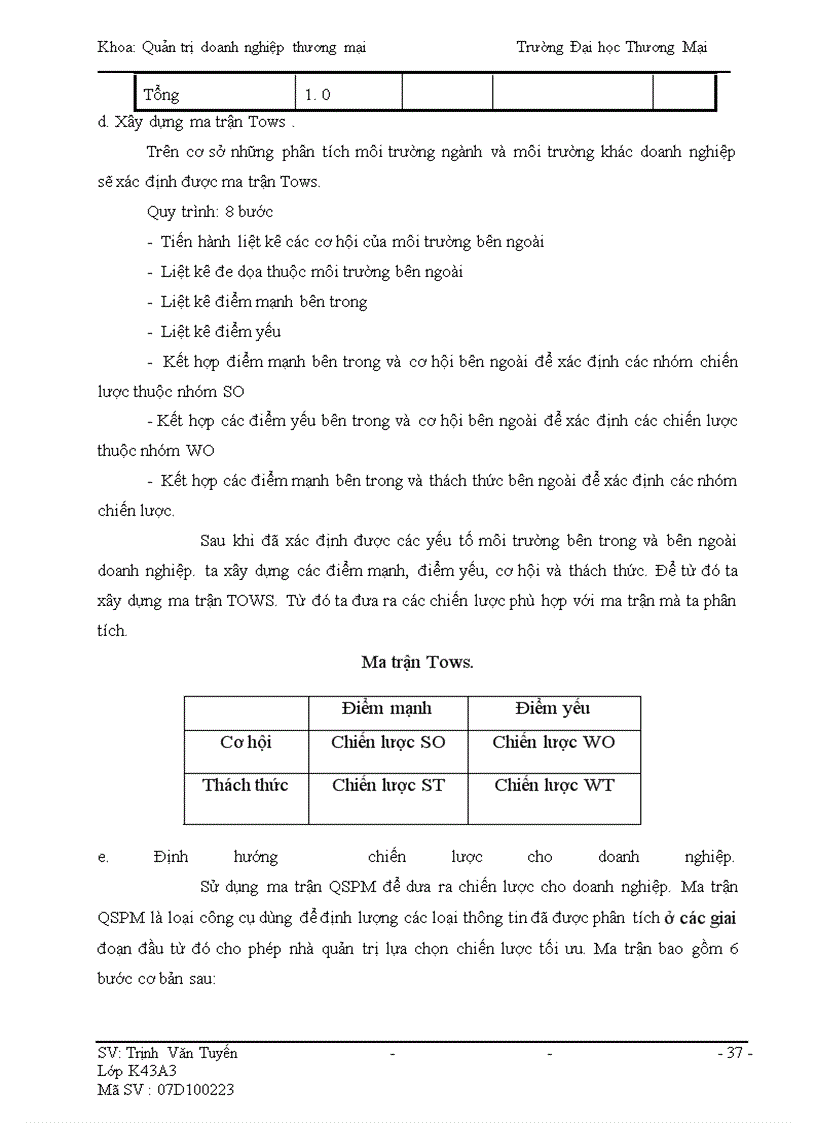 image for page Phân tích TOWS chiến lược phát triển thị trường của Công ty T & P