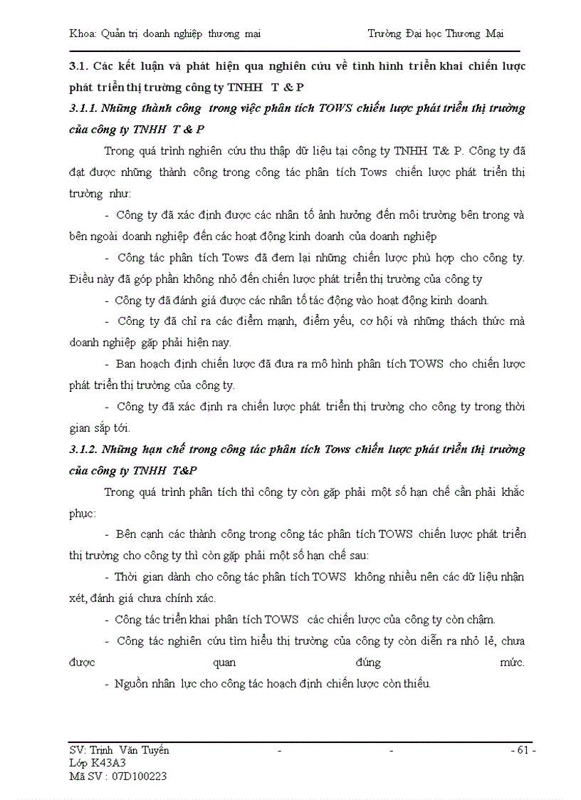 image for page Phân tích TOWS chiến lược phát triển thị trường của Công ty T & P