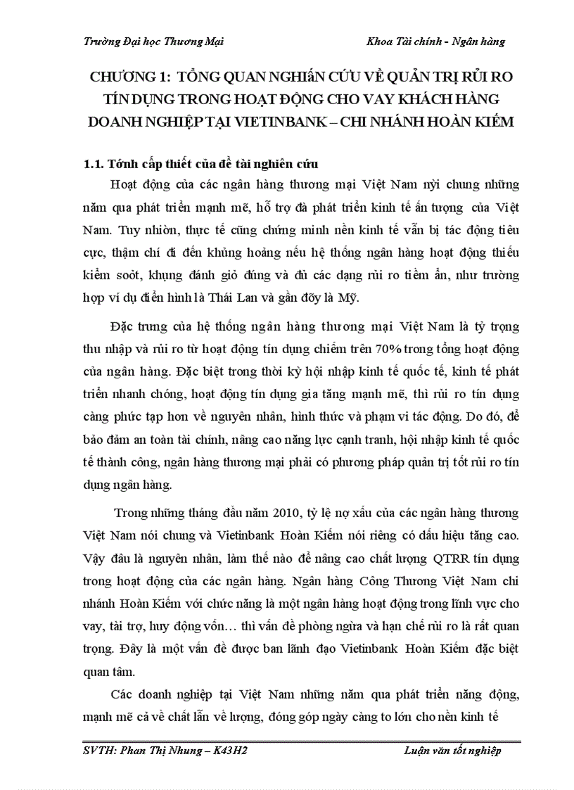 image for page Quản trị rủi ro tín dụng trong hoạt động cho vay khách hàng doanh nghiệp tại Vietinbank Hoàn Kiếm
