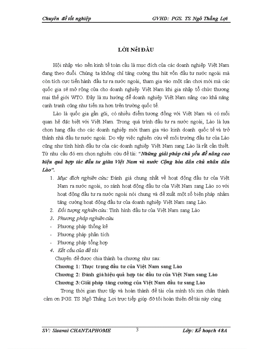 Những giải pháp chủ yếu để nâng cao hiệu quả hợp tác đầu tư giữa Việt Nam và nước Cộng hòa dân chủ nhân dân Lào