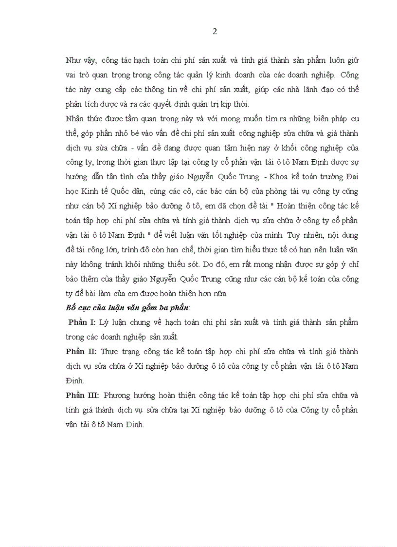 image for page Hoàn thiện công tác kế toán tập hợp chi phí sửa chữa và tính giá thành dịch vụ sửa chữa ở công ty cổ phần vận tải ô tô Nam Định