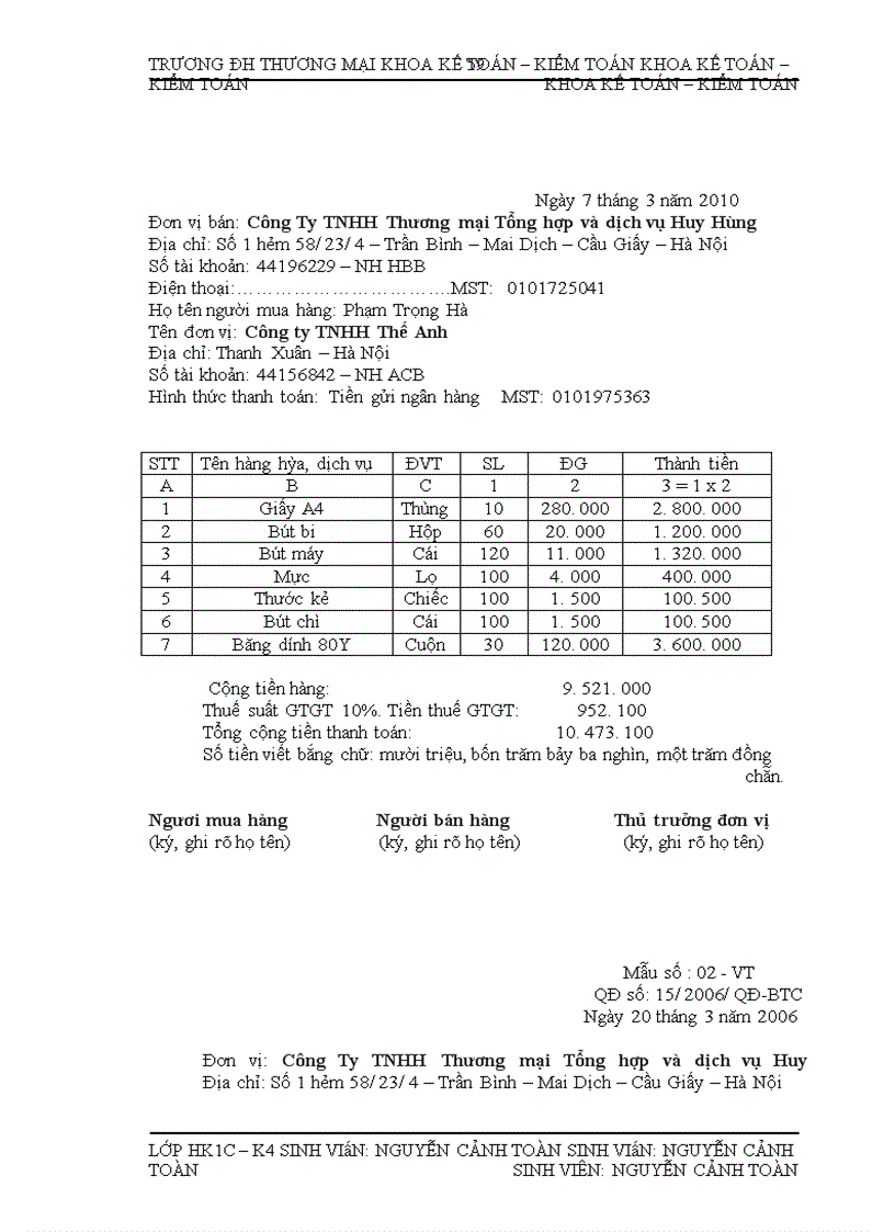 image for page Kế toán bán nhóm hàng văn phòng phẩm tại Công ty TNHH Thương mại Tổng hợp và dịch vụ Huy Hùng