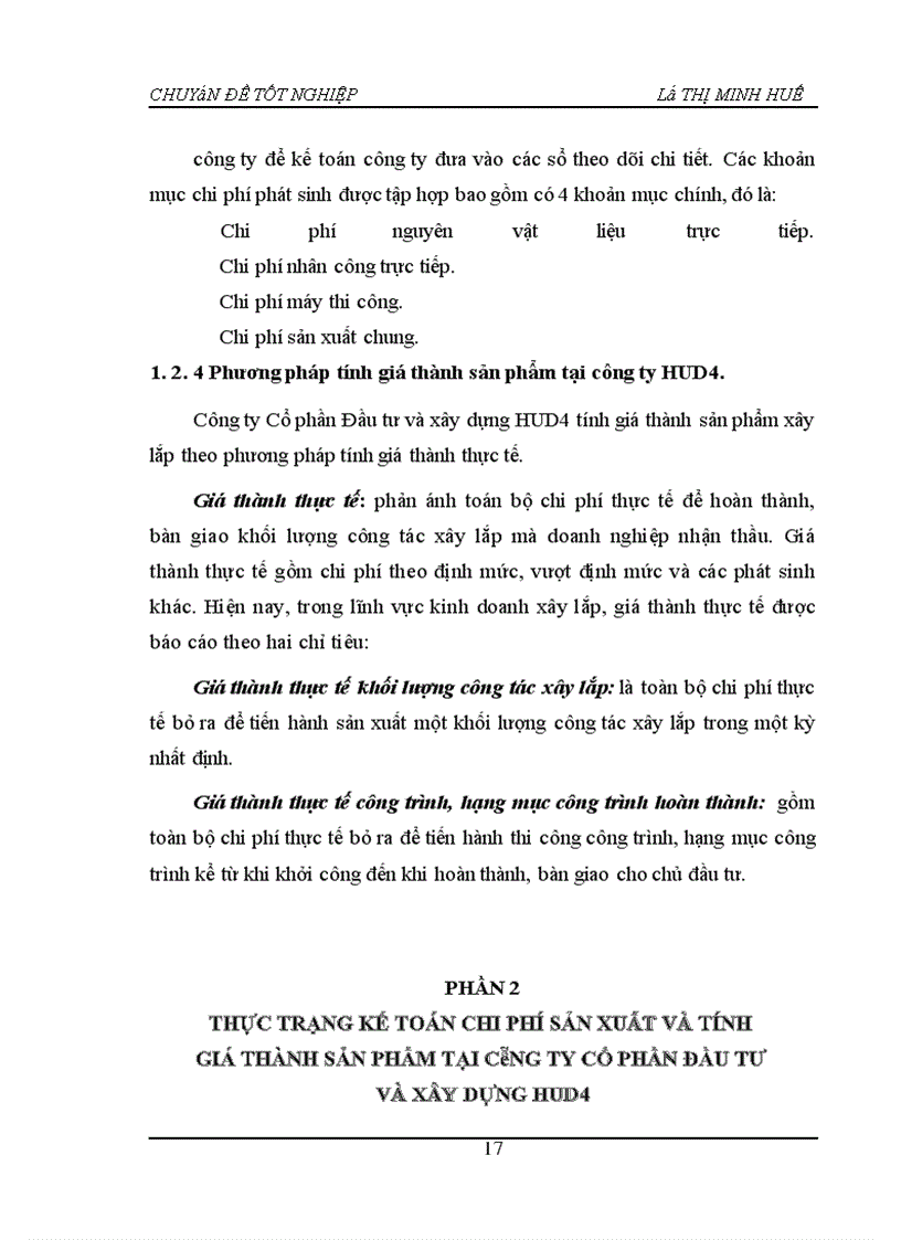 image for page Hoàn thiện Kế toán chi phí sản xuất và tính giá thành sản phẩm tại Công ty Cổ phần Đầu tư và xây dựng HUD4