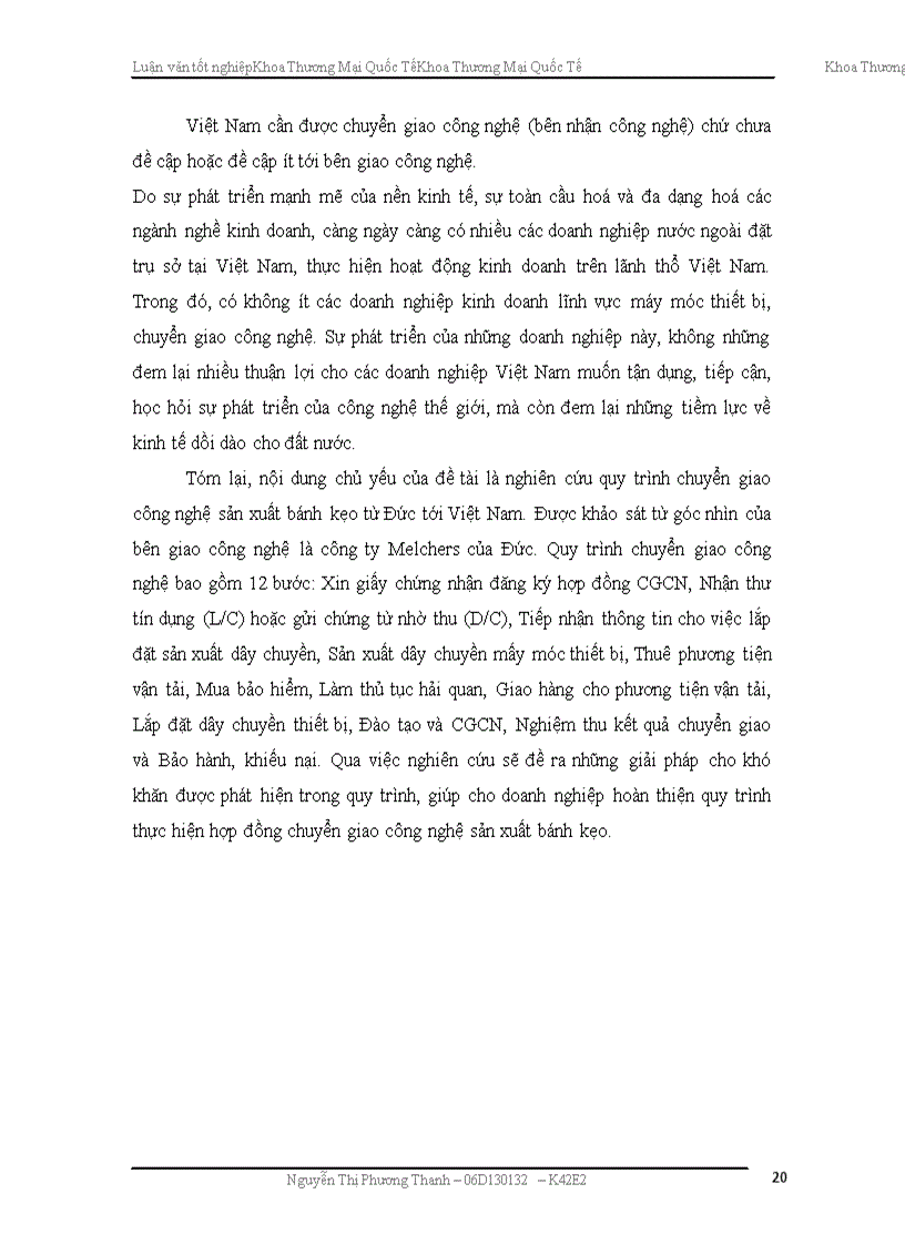 image for page Hoàn thiện quy trình thực hiện hợp đồng chuyển giao công nghệ sản xuất bánh kẹo của công ty Melchers Đức tới các doanh nghiệp sản xuất bánh kẹo Việt Nam.