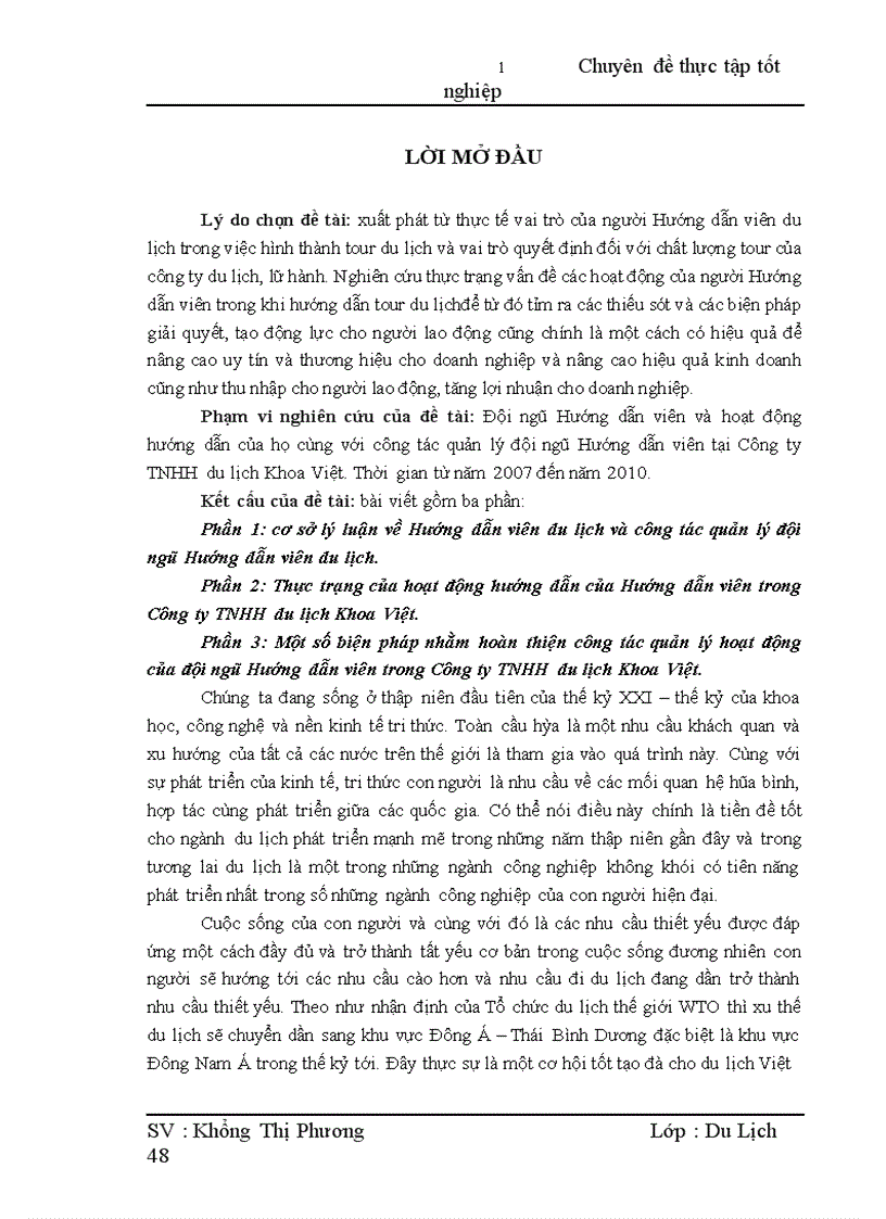 Hoàn thiện công tác quản lý hoạt động của Hướng dẫn viên trong Công ty TNHH du lịch Khoa Việt