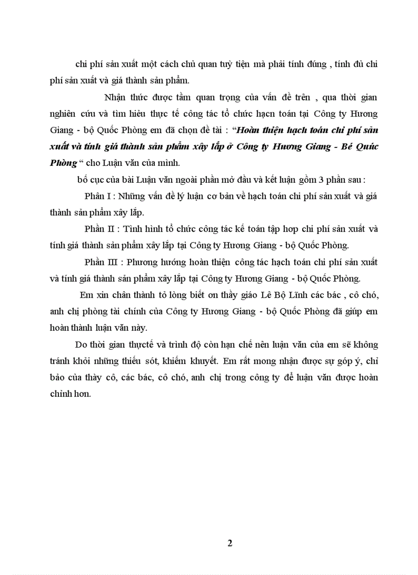 image for page Hoàn thiện hạch toán chi phí sản xuất và tính giá thành sản phẩm xây lắp ở Công ty Hương Giang -Bộ Quóc Phòng