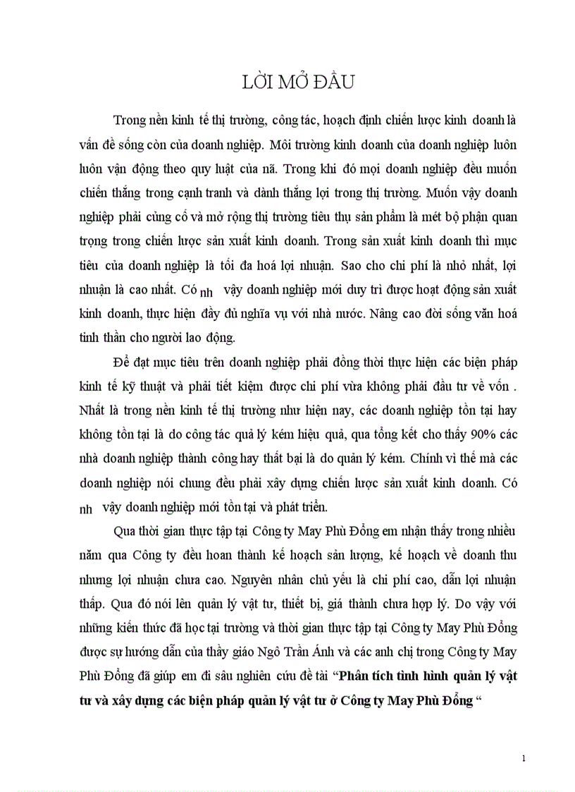 image for page Phân tích tình hình quản lý vật tư và xây dựng các biện pháp quản lý vật tư ở Công ty May Phù Đổng