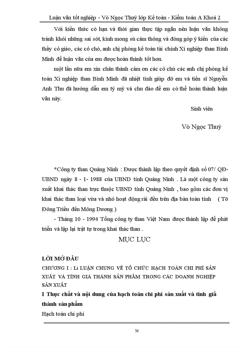 image for page Tổ chức hạch toán chi phí sản xuất và tính giá thành sản phẩm tại xí nghiệp than Bình Minh