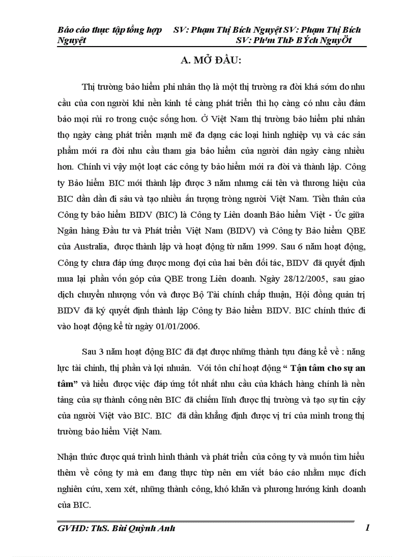 Thực trạng hoat hoạt động kinh doanh và những thuận lợi khó khăn của Công ty Bảo hiểm BIC