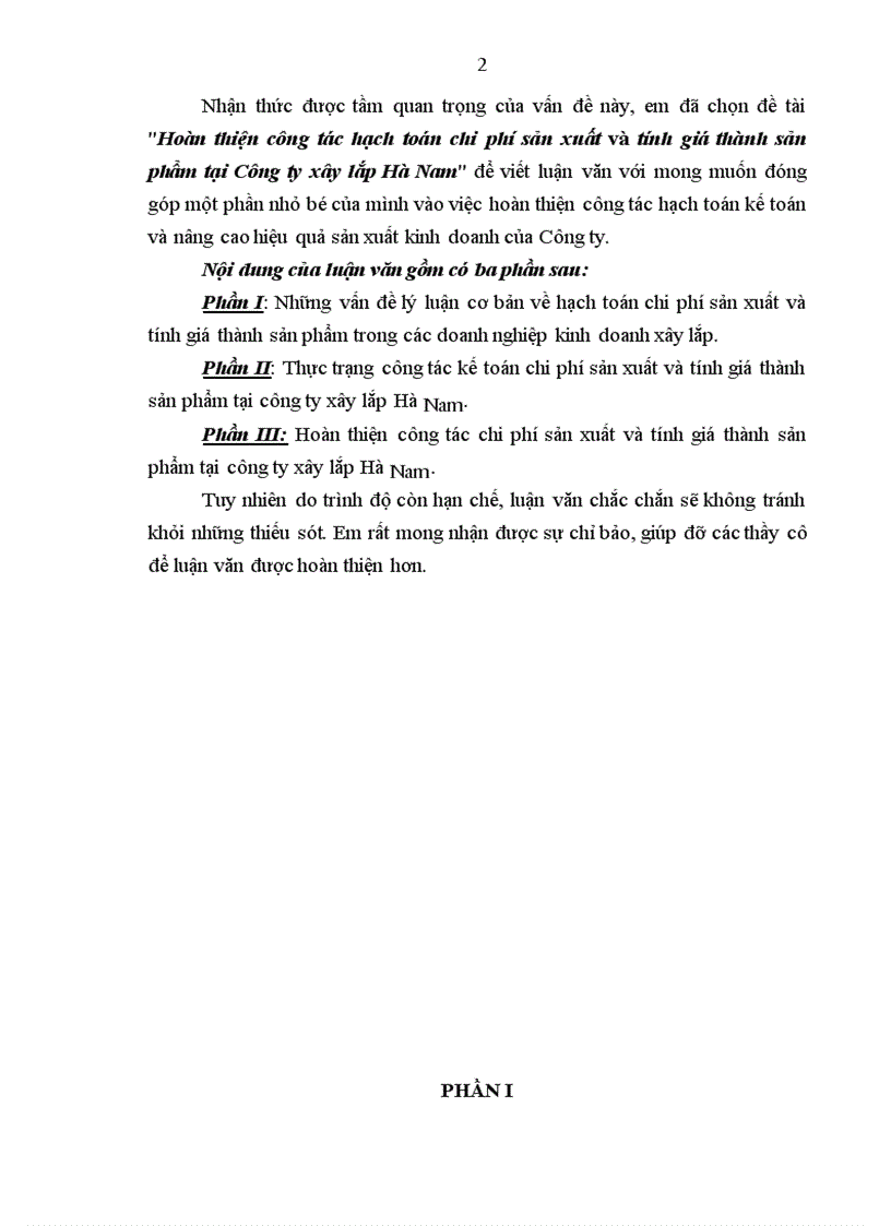 image for page Hoàn thiện công tác hạch toán chi phí sản xuất và tính giá thành sản phẩm tại Công ty xây lắp Hà Nam