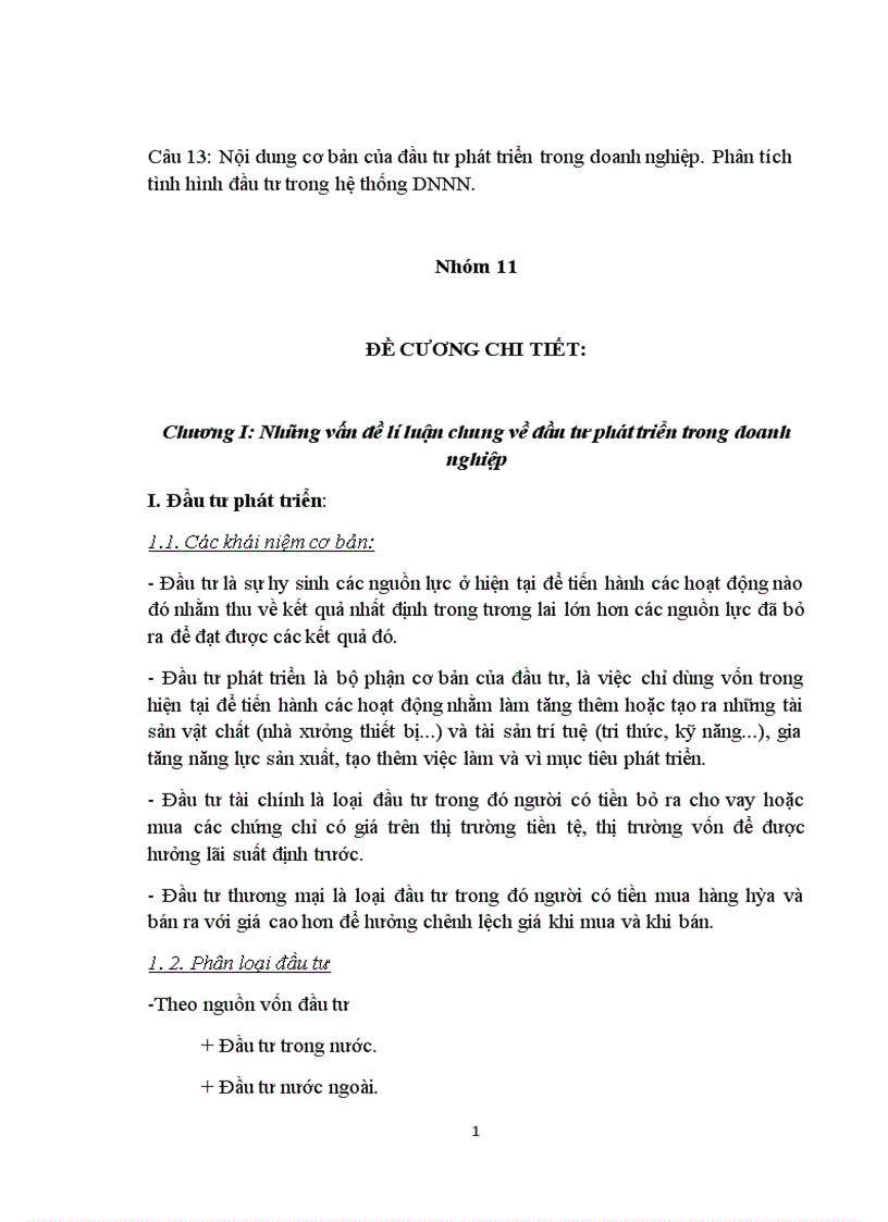 Nội dung cơ bản của đầu tư phát triển trong doanh nghiệp. Phân tích tình hình đầu tư trong hệ thống DNNN.