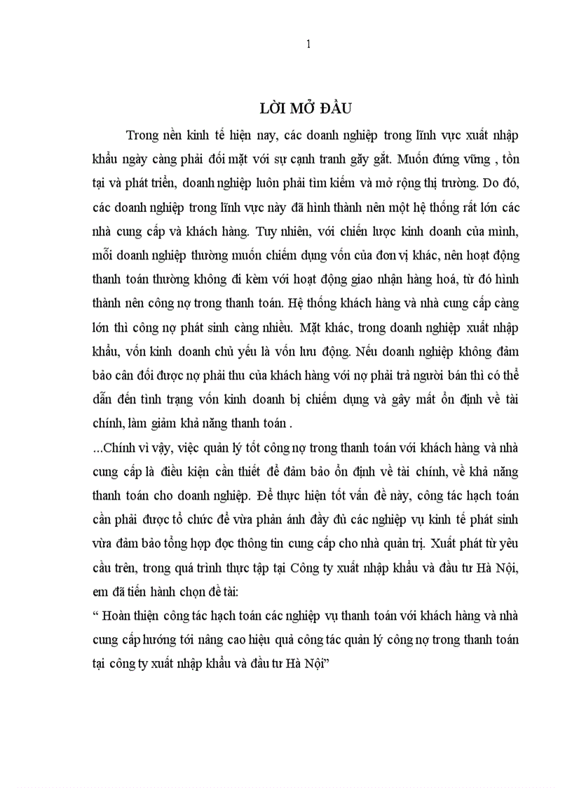 image for page Hoàn thiện công tác hạch toán các nghiệp vụ thanh toán với khách hàng và nhà cung cấp hướng tới nâng cao hiệu quả công tác quản lý công nợ trong thanh toán tại công ty xuất nhập khẩu và đầu tư Hà Nội