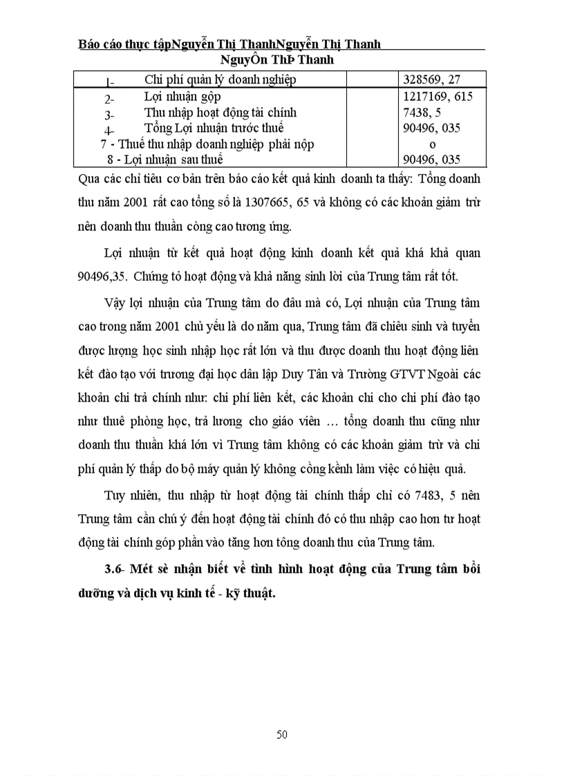 image for page Báo cáo kết quả kinh doanh năm 2001 tại Trung tâm bồi dưỡng và dịch vụ kinh tế –kỹ thuật
