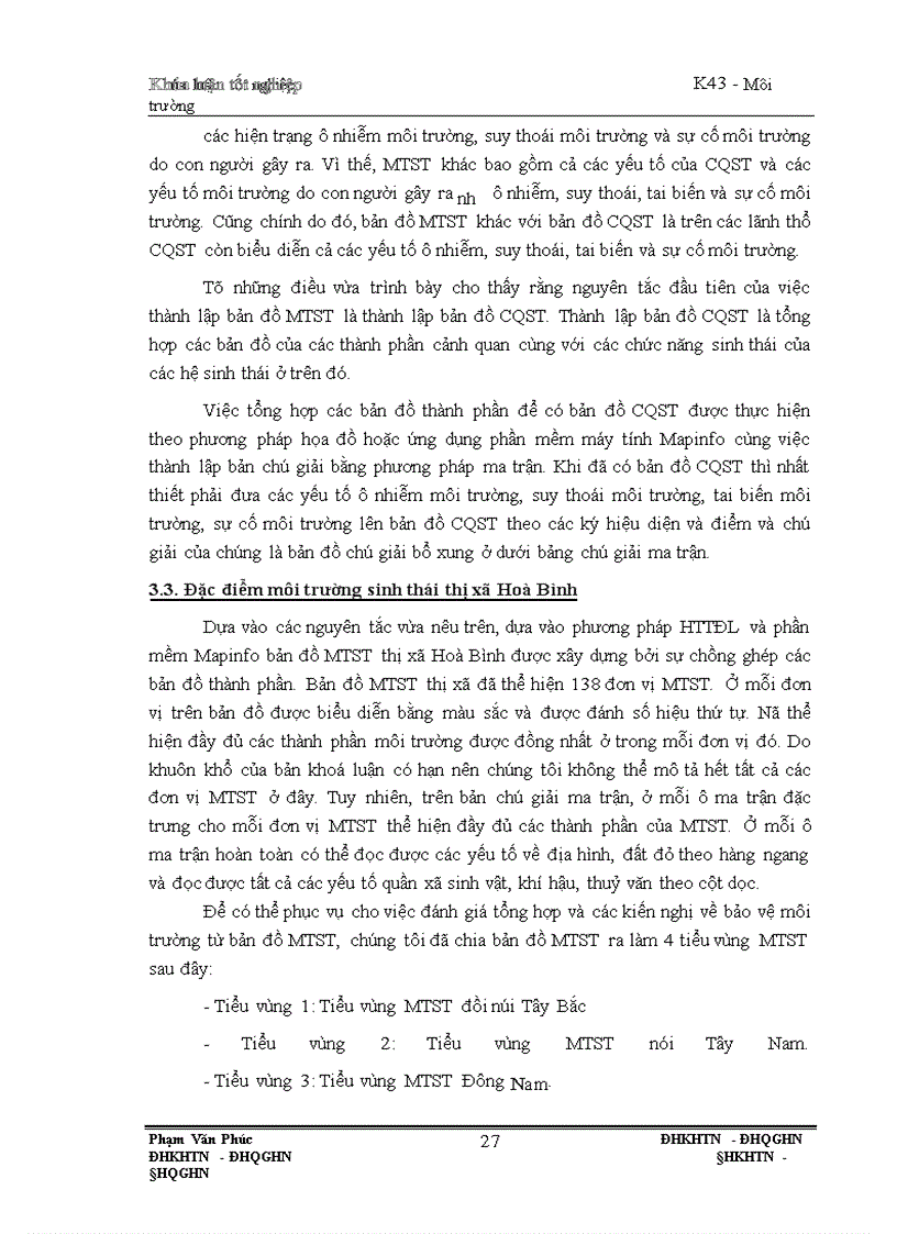 image for page Thành lập bản đồ môi trường sinh thái thị xã Hoà Bình trên cơ sở phương pháp hệ thông tin địa lý(GIS), đánh giá hiện trạng chất lượng và một số kiến nghị bảo vệ môi trường sinh thái ở thị xã đó