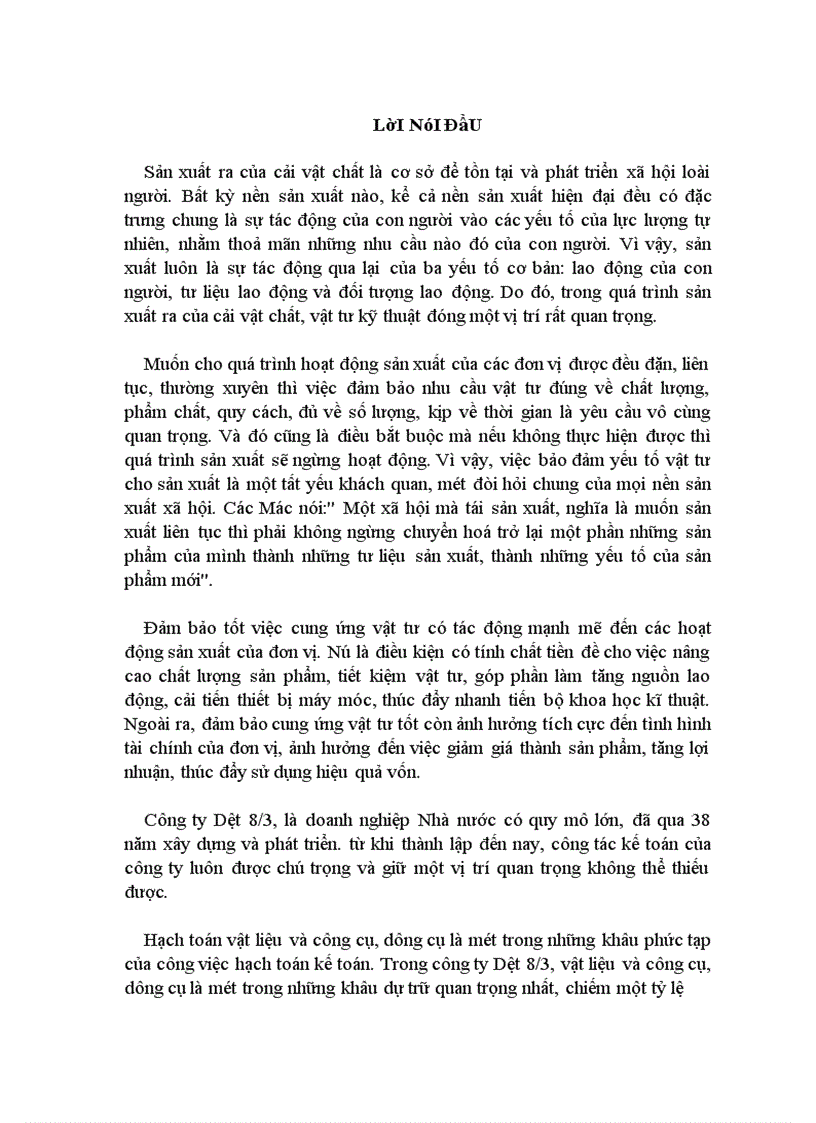 image for page Tổ chức công tác hạch toán vật liệu và công cụ, dụng cụ với việc nâng cao hiệu quả sử dụng vốn lưu động tại Công ty Dệt 8/3