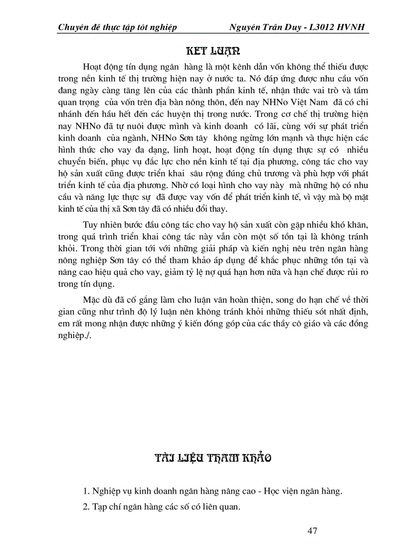 image for page Một số giải pháp nhằm nâng cao chất lượng tín dụng hộ sản xuất tại NHNo &PTNT thị xã Sơn tây