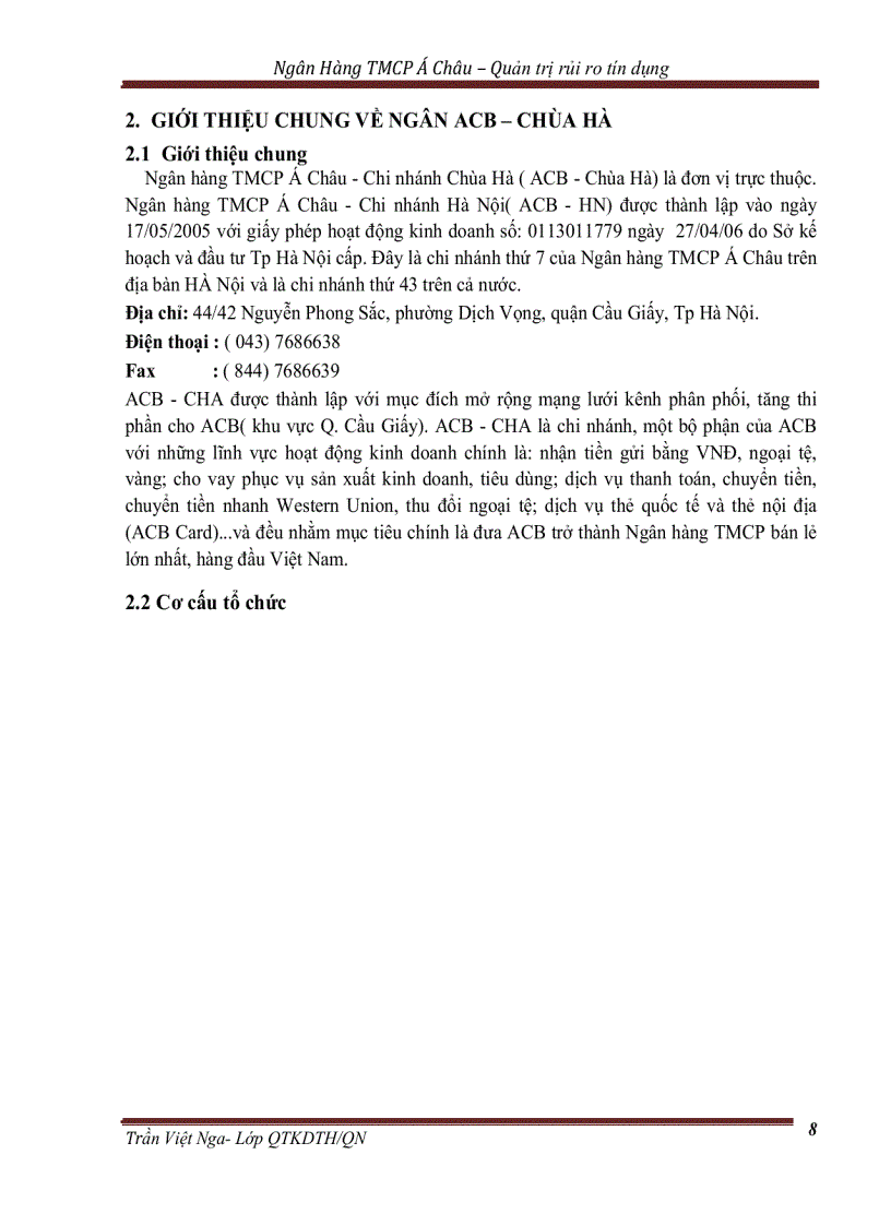 image for page Quản trị rủi ro tín dụng tại Ngân hàng TMCP Á Châu - Chi nhánh Chùa Hà - Thực trạng và Giải pháp