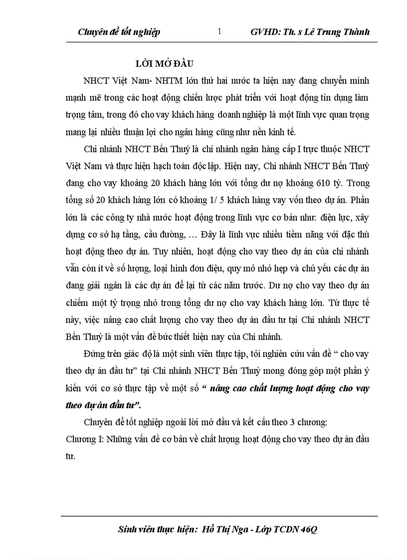 image for page Nâng cao chất lượng hoạt động cho vay theo dự án đầu tư tại Chi nhánh NHCT Bến Thuỷ