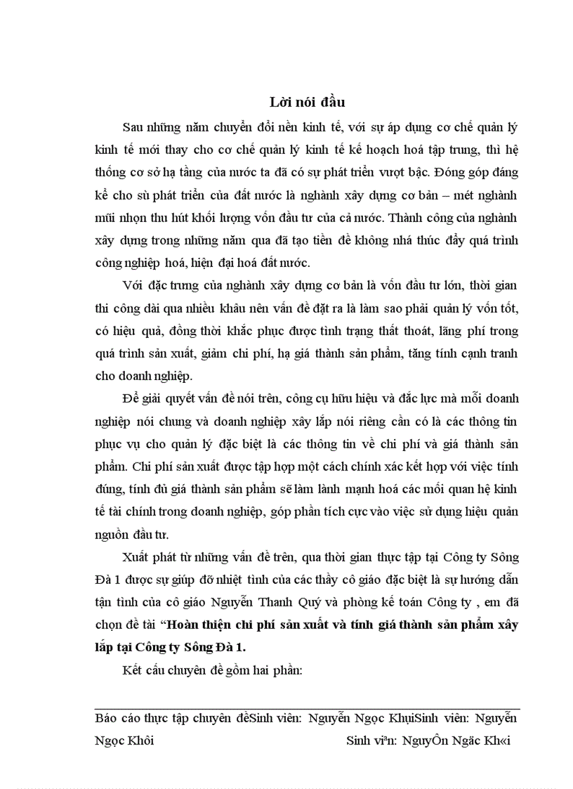 image for page Hoàn thiện chi phí sản xuất và tính giá thành sản phẩm xây lắp tại Công ty Sông Đà 1