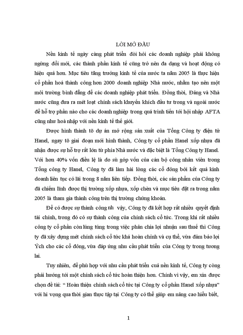 image for page Hoàn thiện chính sách cổ tức tại Công ty cổ phần Hanel xốp nhựa