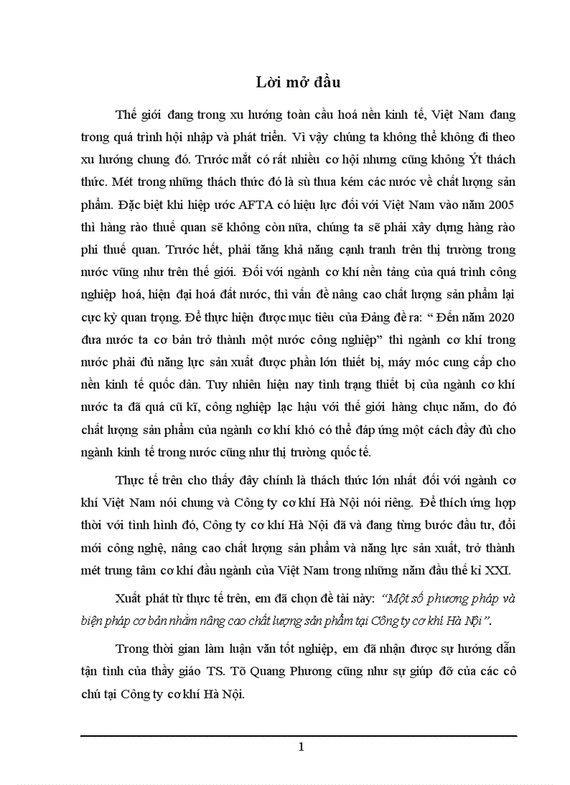 Một số phương pháp và biện pháp cơ bản nhằm nâng cao chất lượng sản phẩm tại Công ty cơ khí Hà Nội