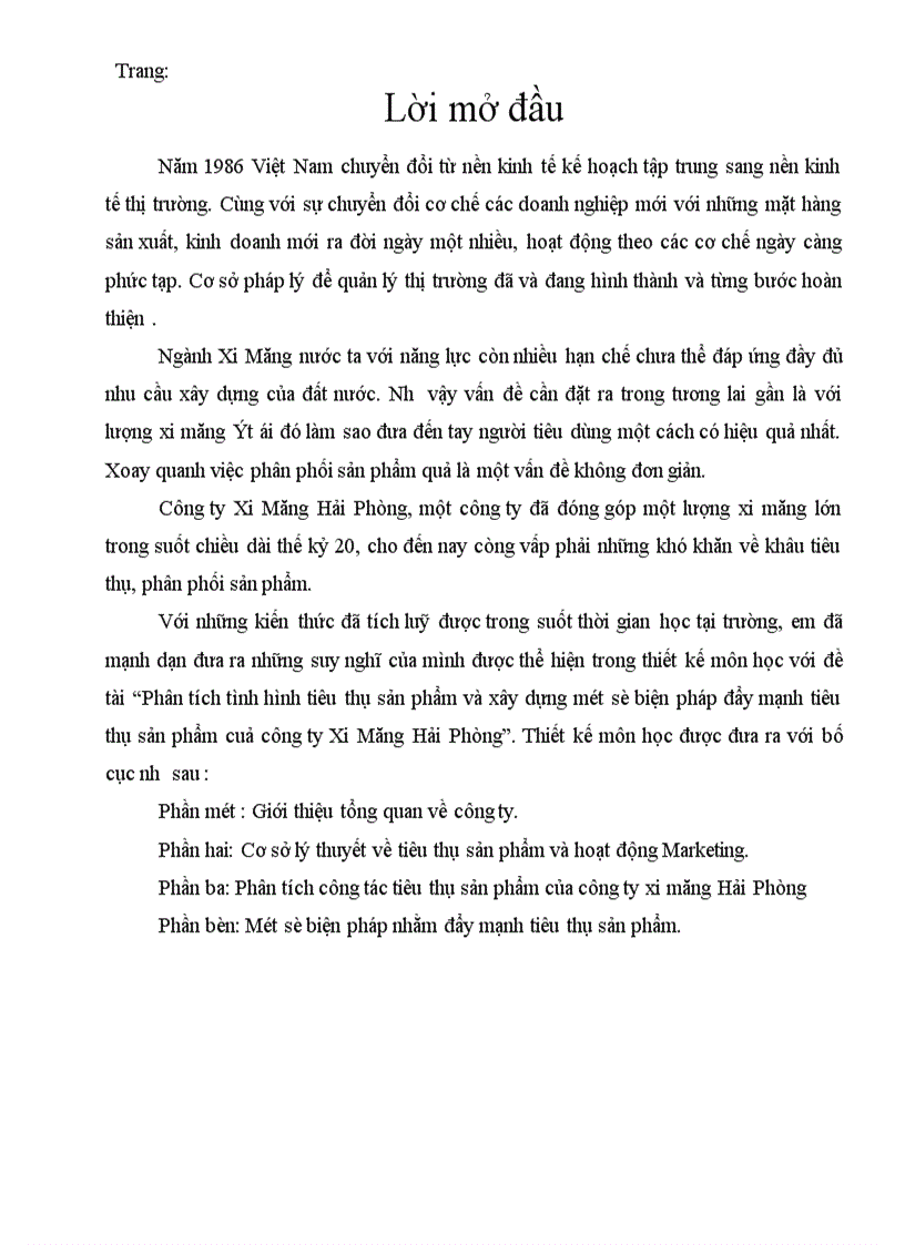 Phân tích tình hình tiêu thụ sản phẩm và xây dựng một số biện pháp đẩy mạnh tiêu thụ sản phẩm cuả công ty Xi Măng Hải Phòng