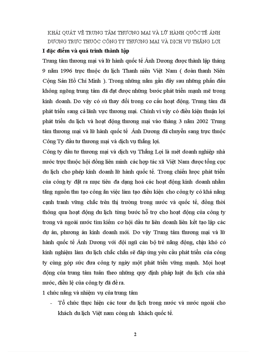 image for page Khái quát về trung tâm thương mại và lữ hành quốc tế ánh dương trực thuộc công ty thương mại và dịch vụ Thắng Lợi